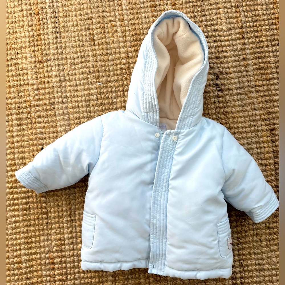 Designer light blue baby puffy coat, Jacadi baby boy nylon parka, 6mo